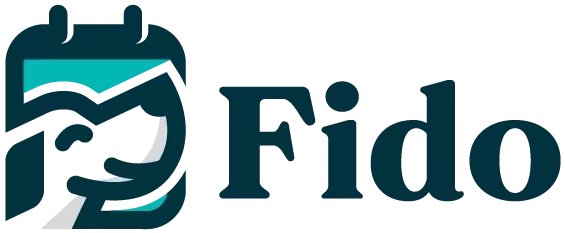 Fido logo featuring a teal and dark blue calendar icon with a stylized dog face in the center. The dog is formed from negative space and dark shapes, with a white snout and nose. To the right, “Fido” is written in bold serif font in dark blue against a black background.